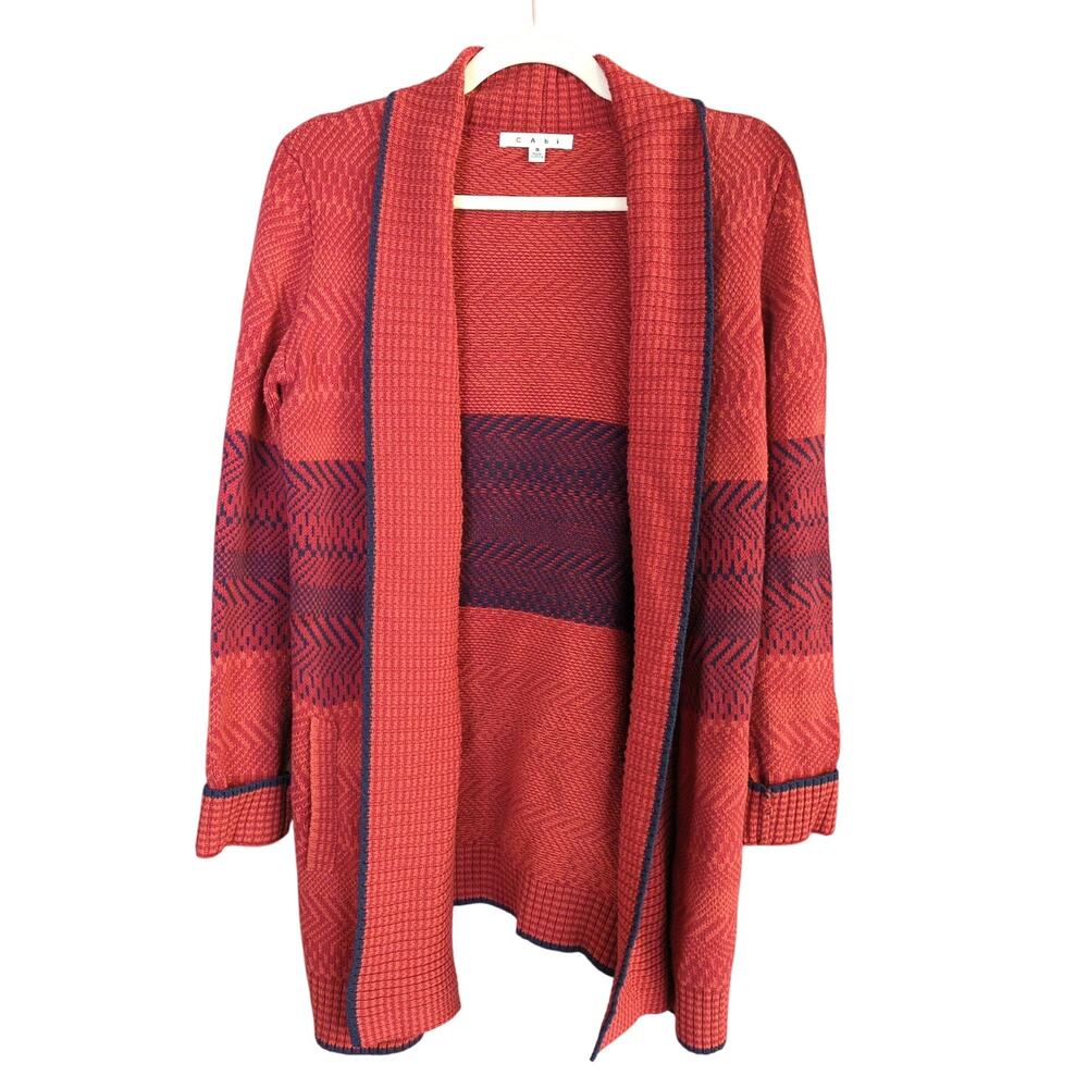 Cabi Cardigan Womens S Red Navy Open Front 897 Joy Long Pockets